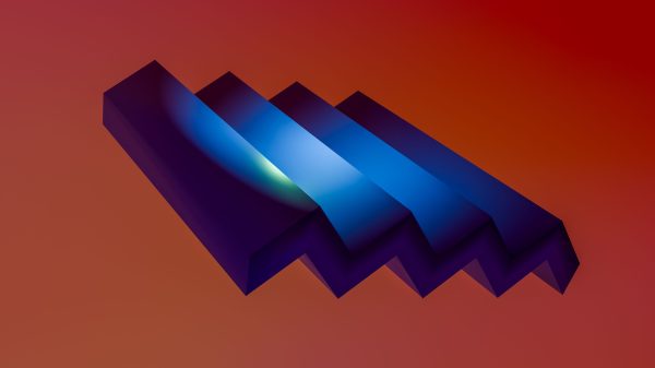 3D abstract art with blue geometric shapes on a warm orange background. Minimaliste 4K
