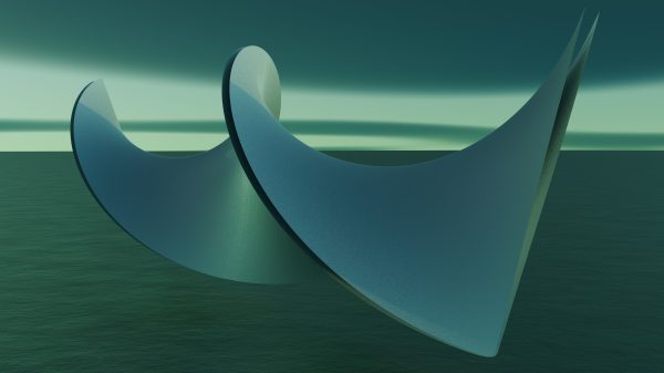 3D abstract geometric design with futuristic curves over a tranquil ocean scene. Abstrait 4K