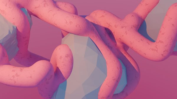 A 3D render featuring pink organic shapes intertwined with geometric forms against a pastel background. IA Générative 4K