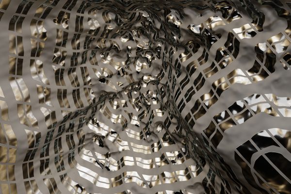 A captivating abstract rendering of a metallic wave pattern with reflective surfaces, ideal for artistic backgrounds. Abstrait 4K