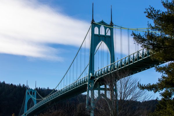A captivating view of the iconic St. Johns Bridge in Portland, Oregon against a clear blue sky. Architecture 4K