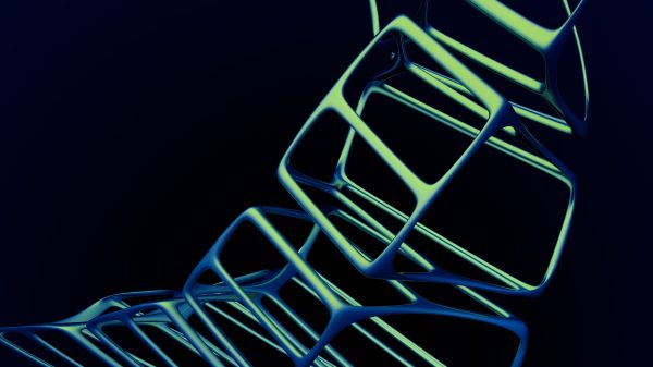 A digital artwork featuring luminous 3D geometric shapes in a dark abstract style. Abstrait 4K