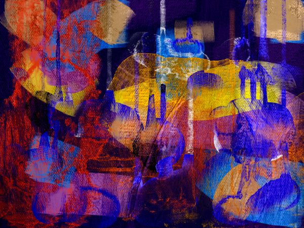 A dynamic abstract piece featuring vivid blues, purples, and oranges in an expressive, textured style. Abstrait 4K