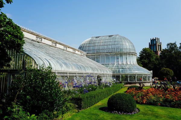 A historic glass greenhouse in a beautifully landscaped botanical garden under a clear blue sky. Nature 4K
