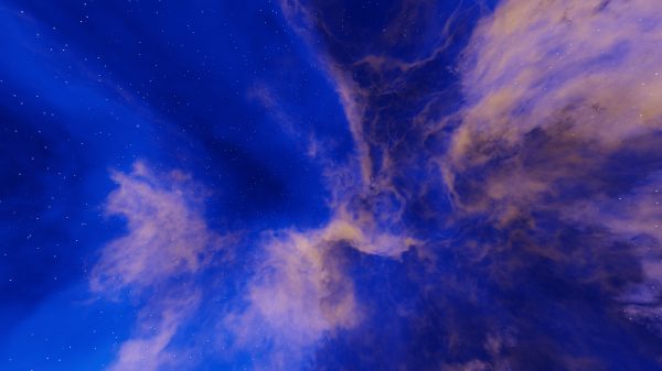 A mesmerizing cosmic scene with vivid blue clouds and shimmering stars. Perfect for creative backgrounds. Espace 4K