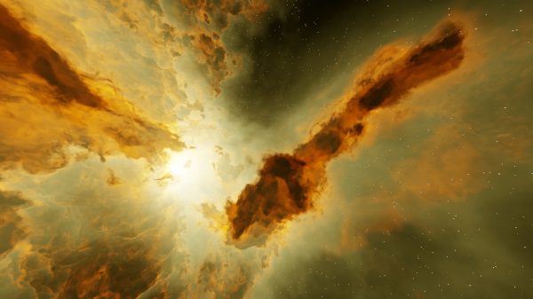 A mesmerizing view of a cosmic nebula with vivid orange and white light, set against a starry backdrop. Espace 4K