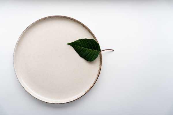 A minimalist ceramic plate accompanied by a single green leaf on a white background. Minimaliste 4K