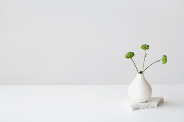 A minimalist ceramic vase with green flowers on a white surface, perfect for decor. Minimaliste 4K