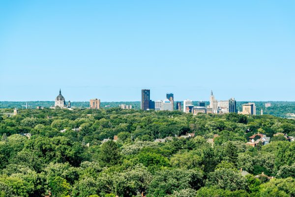 A panoramic view of Saint Paul's skyline standing behind a vast area of lush greenery under a clear blue sky. Architecture 4K
