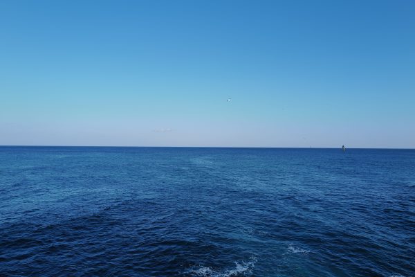 A serene view of the vast blue ocean merging with the clear sky on a sunny day. Nature 4K