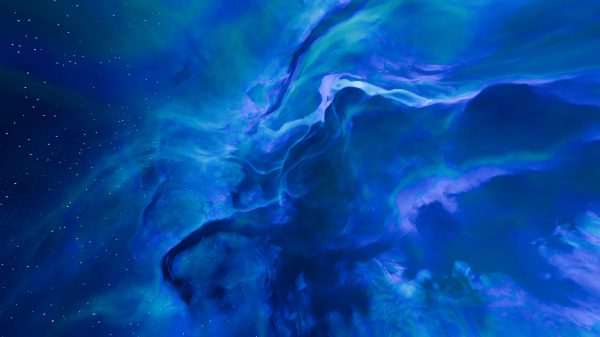 A stunning abstract of a blue and purple nebula in space, featuring swirling patterns and vivid colors. Espace 4K