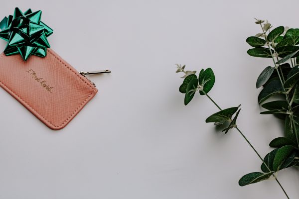 A stylish pink pouch adorned with a metallic green bow beside lush green leaves on a white background. Minimaliste 4K