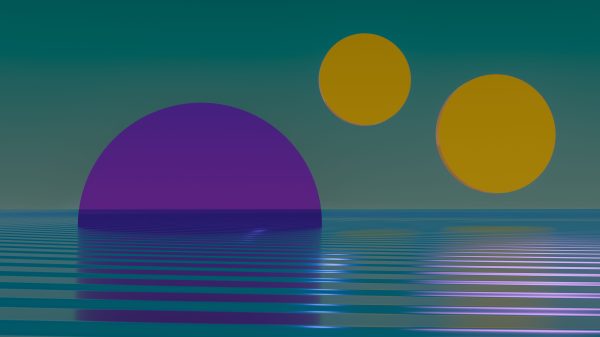 A surreal digital abstract scene featuring geometric shapes and reflective water. IA Générative 4K