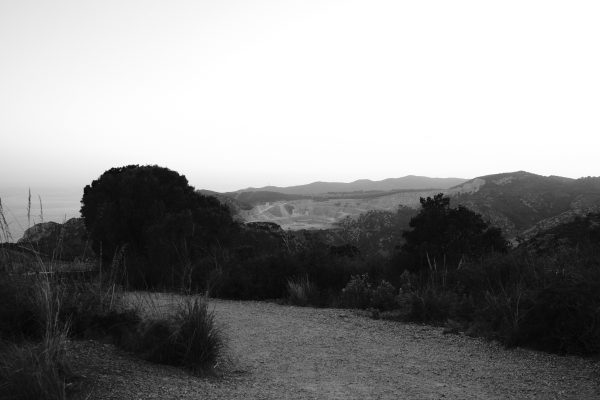 A tranquil black and white landscape capturing mountains and trees at dusk, offering a sense of calmness. Nature 4K
