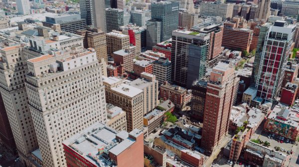 A vibrant aerial shot capturing the skyscrapers and architecture of downtown Philadelphia. Architecture 4K