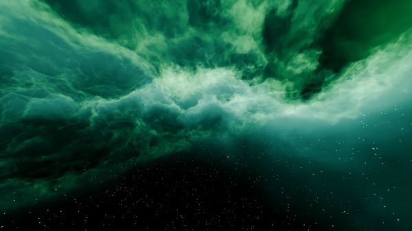 A vibrant green nebula in outer space with countless stars shining bright. Espace 4K