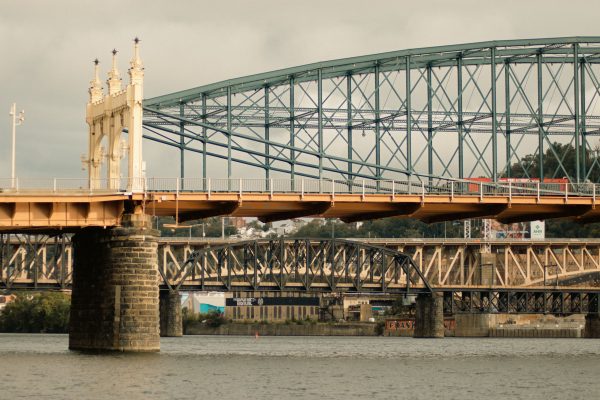 A view of multiple steel bridges crossing a river in Pittsburgh, showcasing urban infrastructure. Architecture 4K