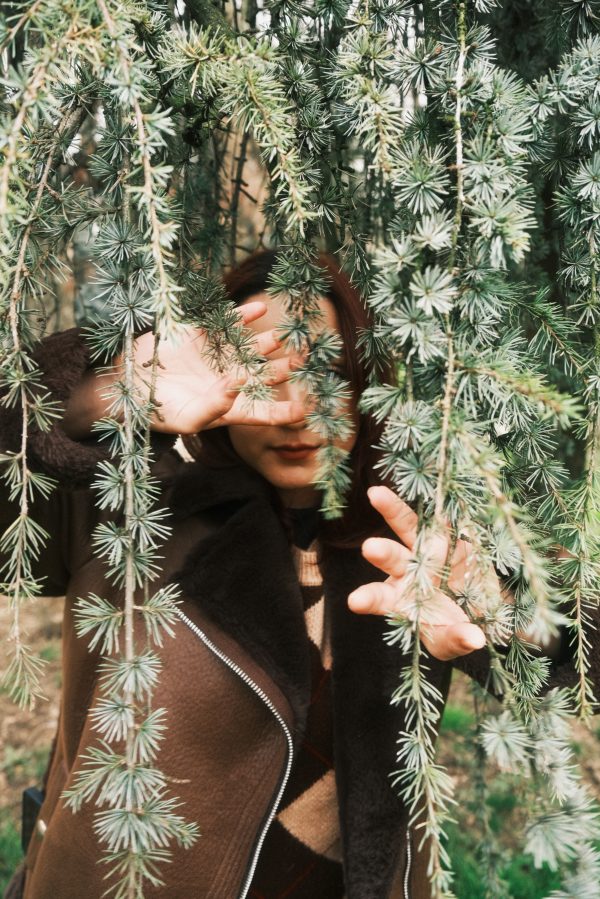 A woman peeks through flowing evergreen branches in a forest setting. Mobile 4K