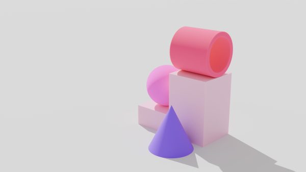 Abstract 3D rendering of colorful geometric shapes on a minimal light background. Minimaliste 4K