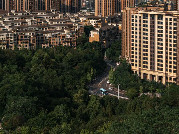 Aerial photo showcasing urban residential buildings surrounded by lush green trees, featuring a winding road below. Architecture 4K