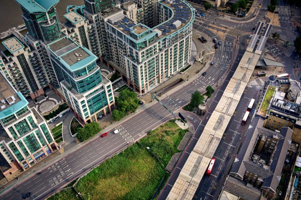 Aerial view of contemporary buildings and roads showcasing modern urban architecture in London. Architecture 4K