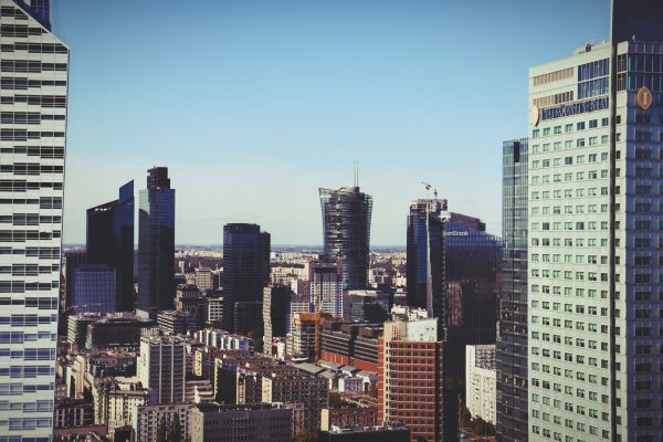 Aerial view of modern skyscrapers in Warsaw, Poland showcasing urban architecture. Architecture 4K