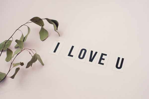 Aesthetic display of 'I Love U' text alongside eucalyptus on a white background. Minimaliste 4K