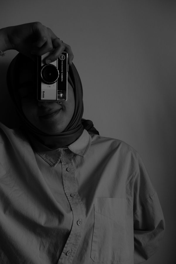 Artistic black and white portrait of a woman holding a vintage camera indoors. Mobile 4K