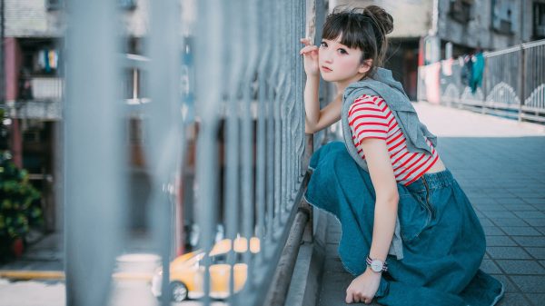 Asian, women, denim skirt Women 4K