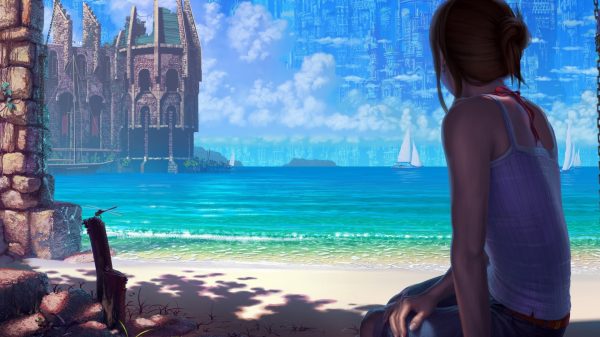 Beach, fantasy art, sailing ship Anime 4K