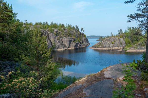 Beautiful lake surrounded by rocks and pine trees in Karelia, Russia. Nature 4K