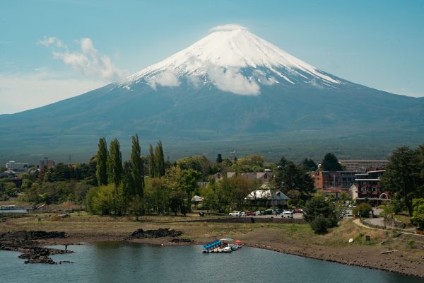 Beautiful view of Mount Fuji with surrounding landscape on a clear day. Anime 4K