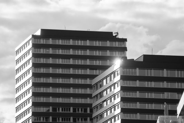 Black and white photo showcasing modern office buildings in Neuhausen am Rheinfall. Architecture 4K