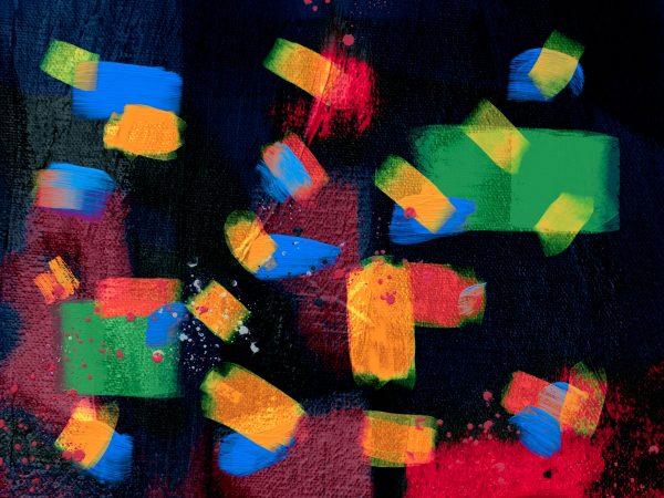 Bold and colorful abstract expressionist painting with textured brushstrokes and vibrant shapes. Abstrait 4K