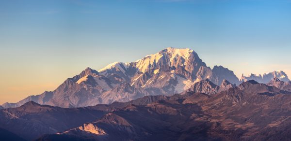 Breathtaking view of Mont Blanc during a sunny day showcasing majestic snow-capped peaks. Nature 4K
