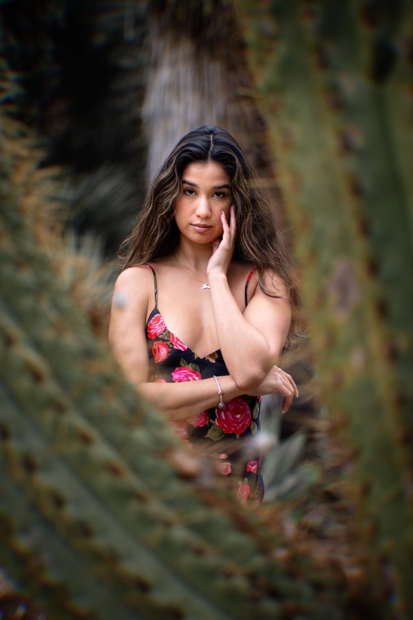 Brunette woman in floral dress posing among cactus plants, captured on a sunny summer day. Mobile 4K