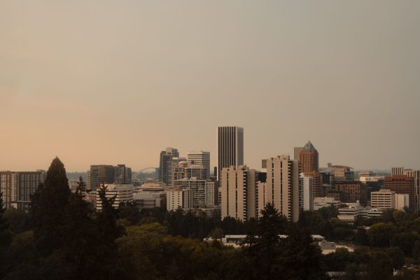 Captivating Portland skyline framed by trees at sunset, highlighting urban architecture. Architecture 4K