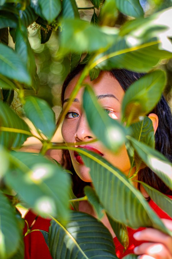 Close-up portrait of a woman partially hidden behind lush green leaves, creating a mysterious and captivating look. Mobile 4K