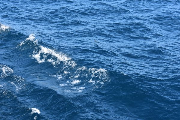 Close-up view of dynamic ocean waves and blue sea with white caps on a sunny day. Nature 4K