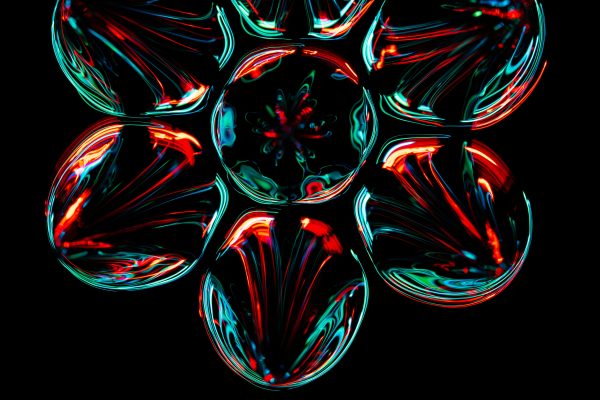 Colorful fractal pattern with glowing effects on a black background, creating a vibrant abstract design. Abstrait 4K
