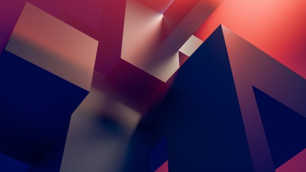Dynamic abstract geometric shapes with a gradient of dark blue and warm pink tones. Abstrait 4K