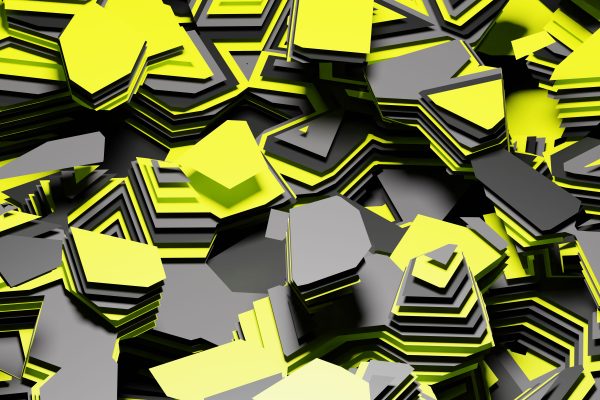 Dynamic abstract image of layered yellow and gray shapes creating a vivid geometric pattern. Abstrait 4K