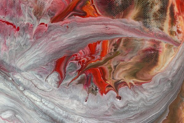 Dynamic abstract painting with swirling red and gray acrylic textures. Abstrait 4K