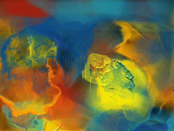 Dynamic abstract painting with vibrant blue, yellow, and orange hues showcasing fluid movement. IA Générative 4K