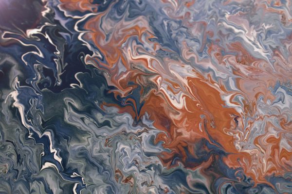 Dynamic abstraction with swirling earth tones and blues, capturing modern fluid art style. Abstrait 4K