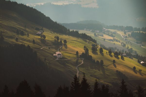 Early morning sunlight bathes the peaceful rolling hills of Austria, creating a serene and picturesque landscape. Nature 4K