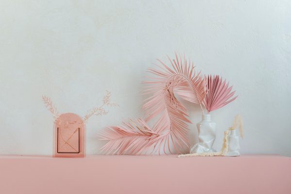 Elegant composition of pink dried sun palm leaves placed in creative ceramic vase near delicate plants against white wall Minimaliste 4K