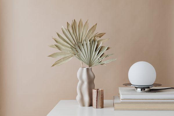 Elegant minimalist interior featuring a dried palm arrangement and modern decor elements. Minimaliste 4K