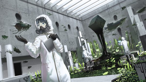 Fish, fantasy architecture, anime girls Anime 4K