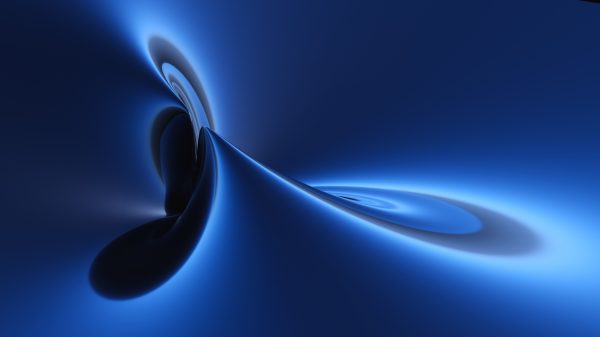 Futuristic abstract 3D render with glowing blue waves and reflective textures. Abstrait 4K